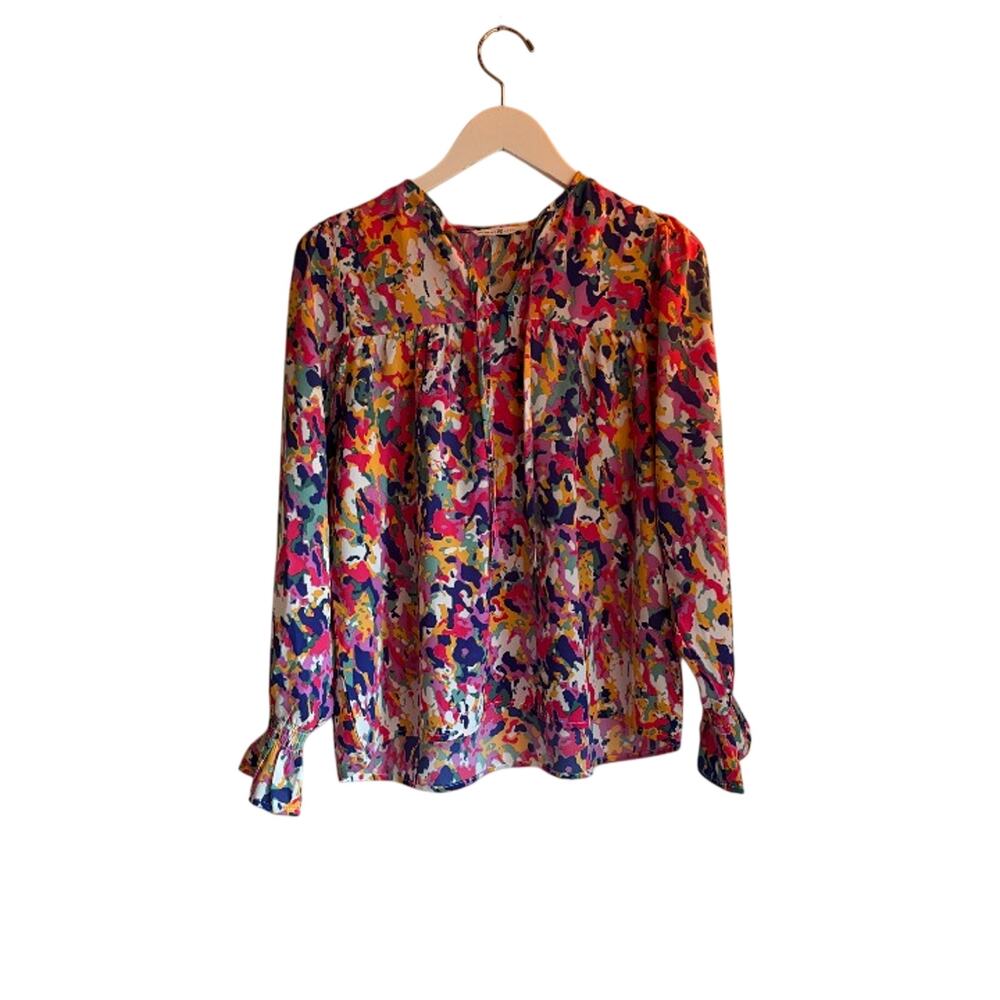 Michelle McDowell Colorful Abstract Ruffle Sleeve Blouse Size Small